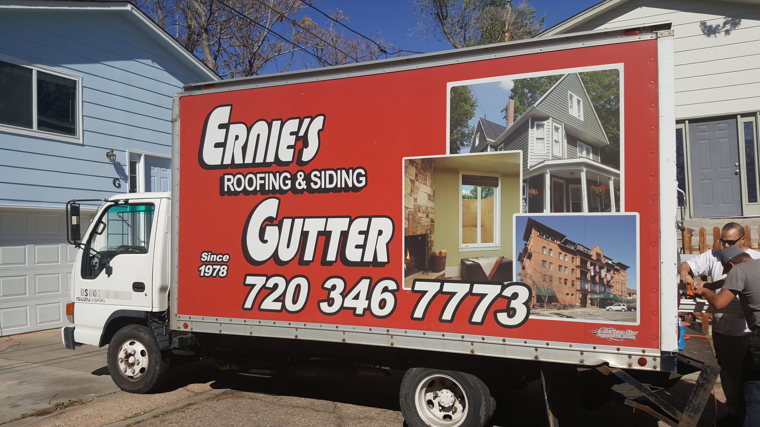 Ernie’s Roofing service truck in Denver