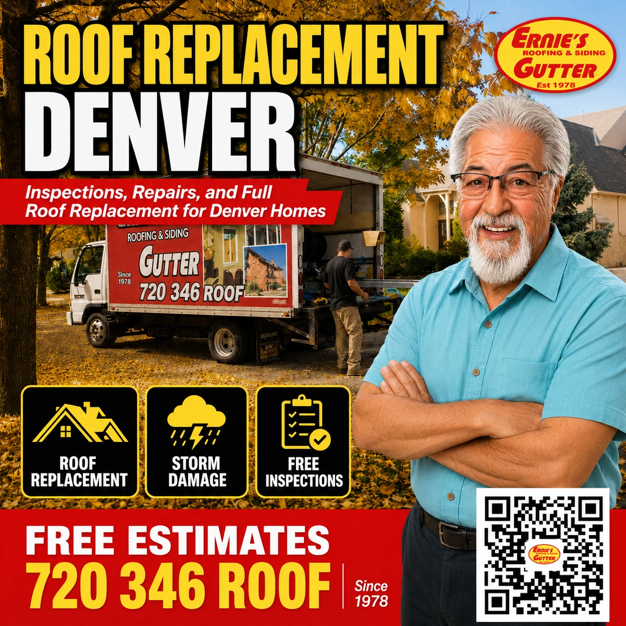 Roof Replacement Denver CO service poster by Ernie's Roofing