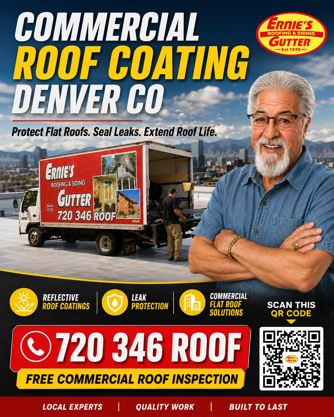 Commercial Roof Coating Denver CO service poster from Ernie's Roofing