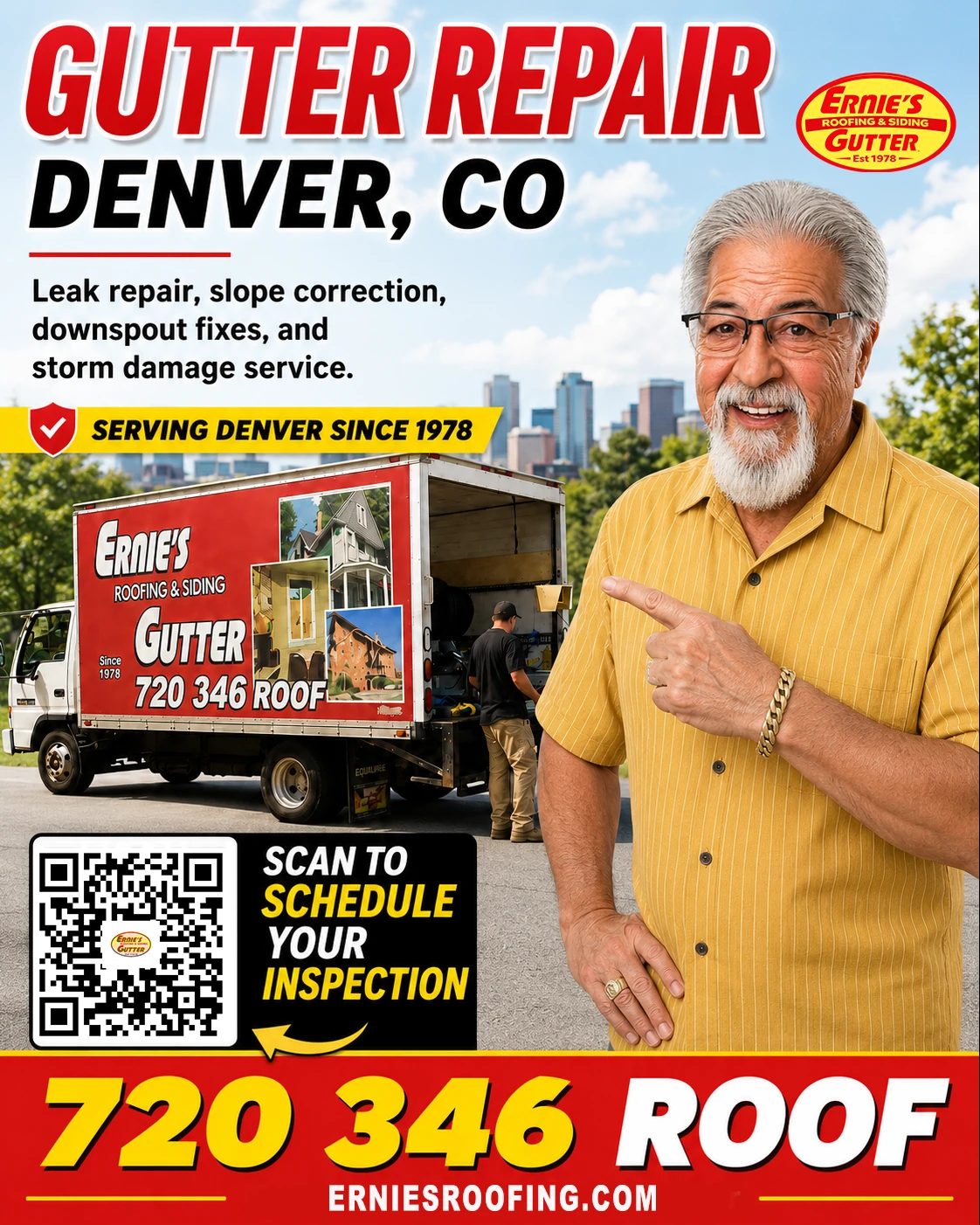 Gutter Repair in Denver CO SEO landing poster for Ernie's Roofing and Gutter