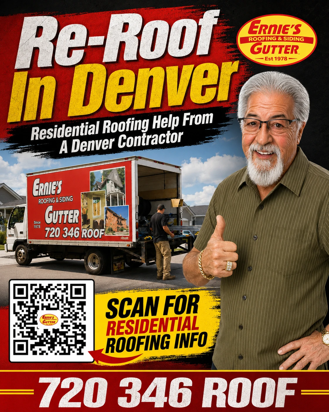 Re roof in Denver Ernie's Roofing landing page poster