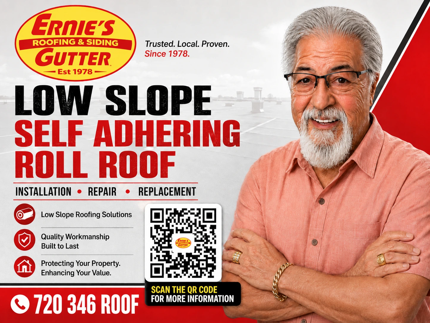 Low Slope Self Adhering Roll Roof service poster for Ernie's Roofing in Denver CO