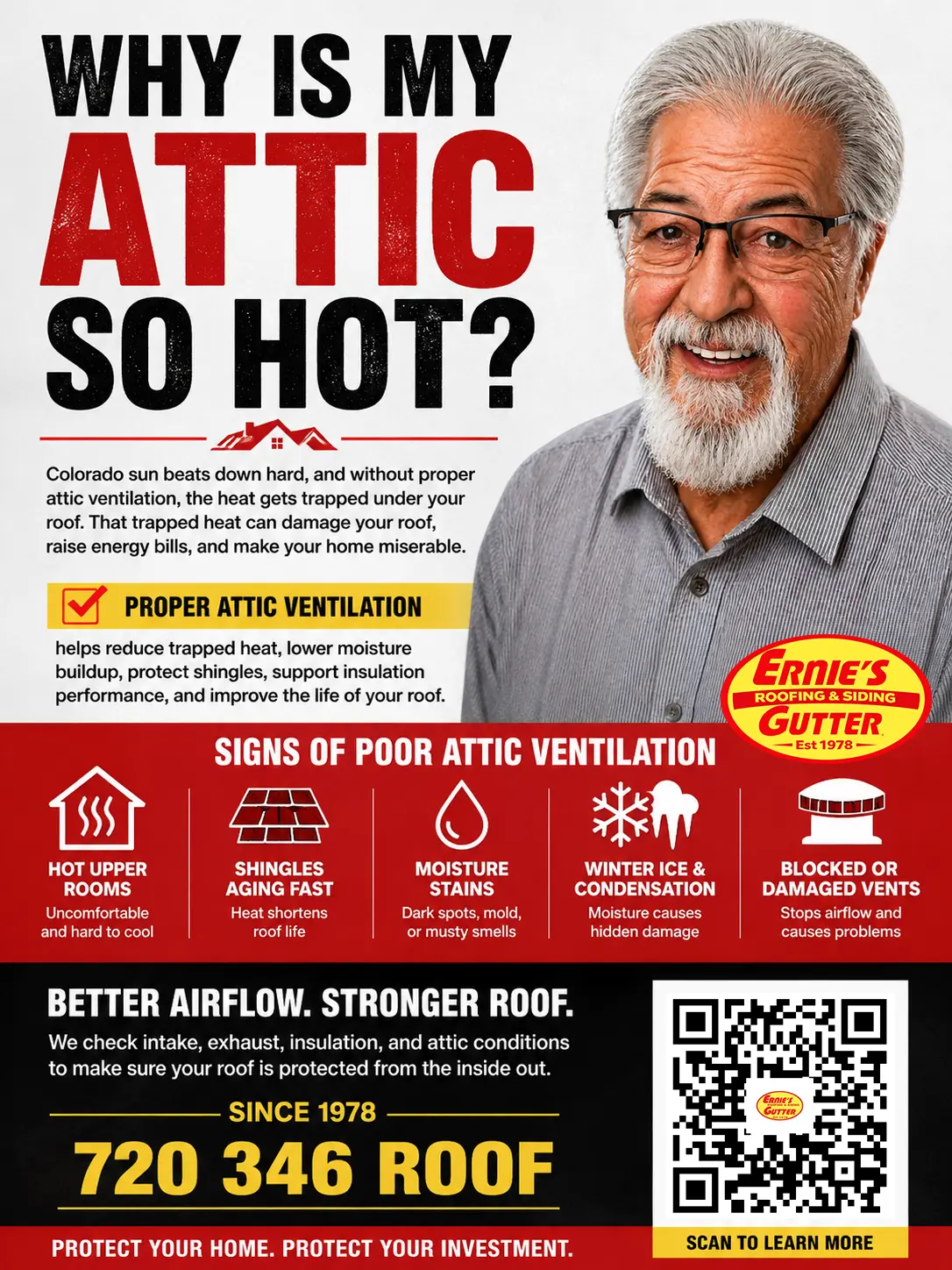 Why is my attic so hot attic ventilation sales poster by Ernie's Roofing