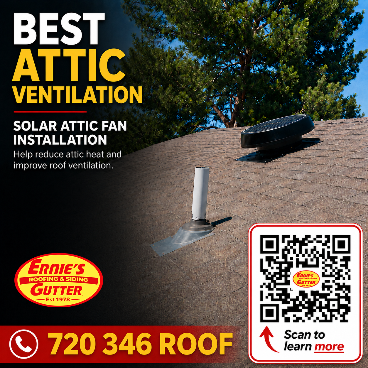 Solar attic fan installed on a Denver asphalt shingle roof by Ernie's Roofing